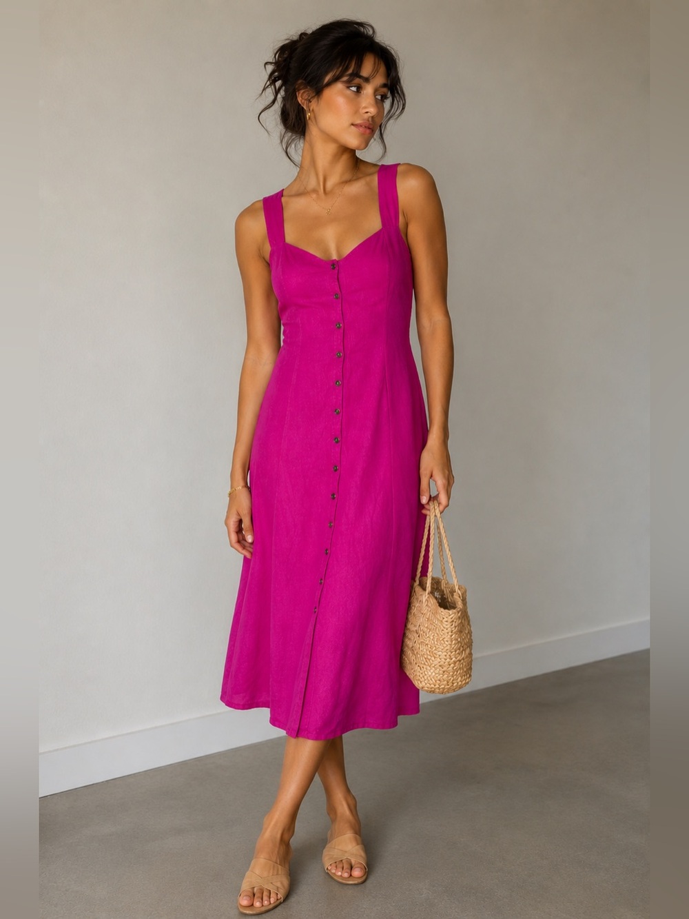Ann Taylor Magenta Button-Front Midi Dress
